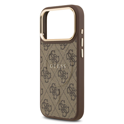 iPhone 17 Pro Kılıf Guess Orjinal Lisanslı M-safe Şarj Özellikli Gold Metal Kamera Çerçeveli PU Deri 4G Desenli Yazı Logolu Kapak