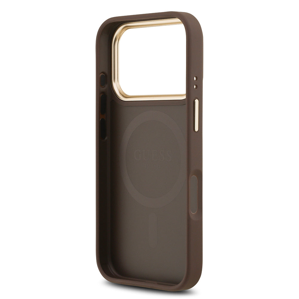 iPhone 17 Pro Kılıf Guess Orjinal Lisanslı M-safe Şarj Özellikli Gold Metal Kamera Çerçeveli PU Deri 4G Desenli Yazı Logolu Kapak