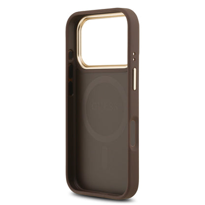 iPhone 17 Pro Kılıf Guess Orjinal Lisanslı M-safe Şarj Özellikli Gold Metal Kamera Çerçeveli PU Deri 4G Desenli Yazı Logolu Kapak