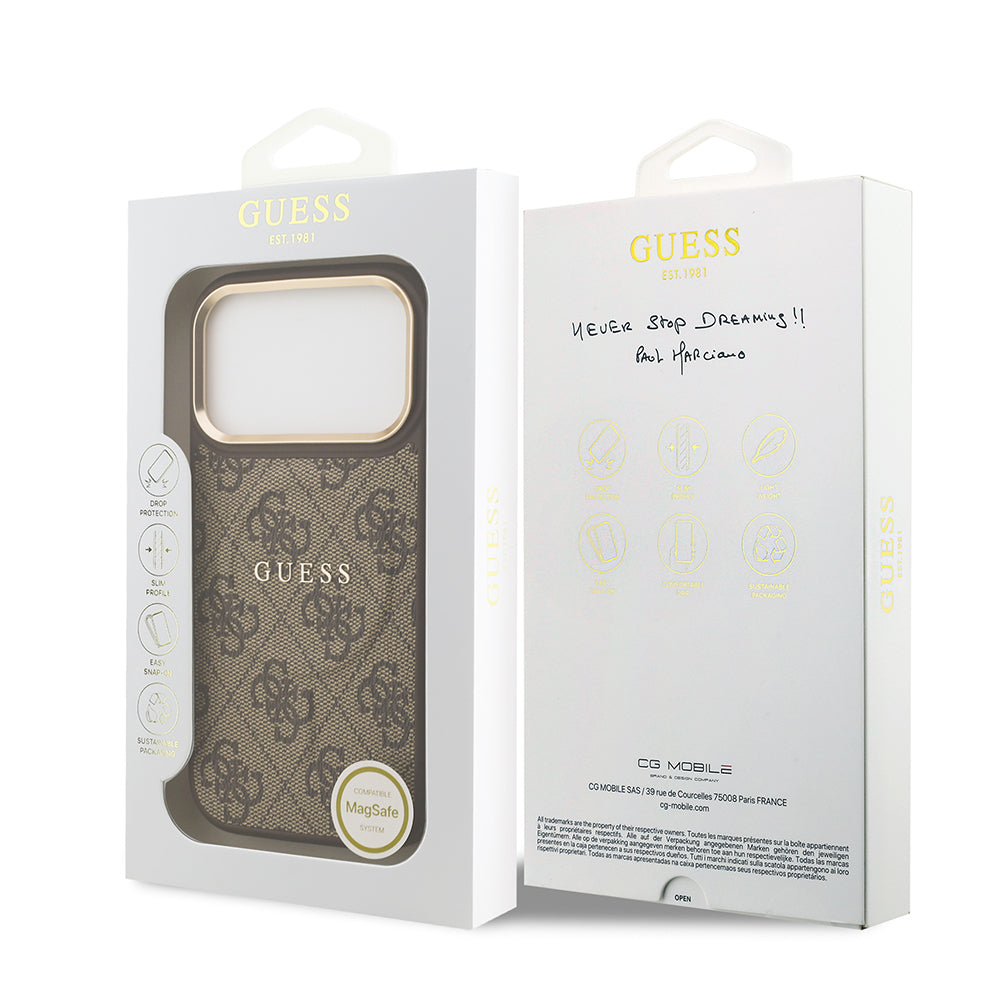 iPhone 17 Pro Kılıf Guess Orjinal Lisanslı M-safe Şarj Özellikli Gold Metal Kamera Çerçeveli PU Deri 4G Desenli Yazı Logolu Kapak