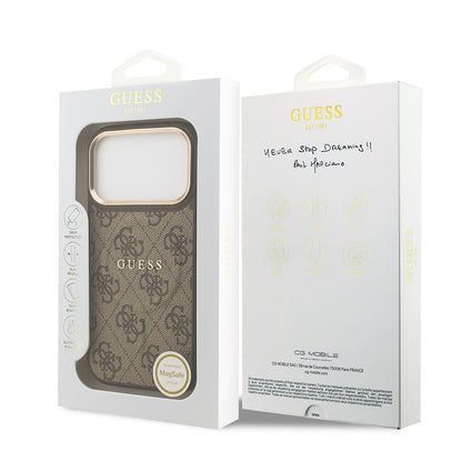 iPhone 17 Pro Kılıf Guess Orjinal Lisanslı M-safe Şarj Özellikli Gold Metal Kamera Çerçeveli PU Deri 4G Desenli Yazı Logolu Kapak