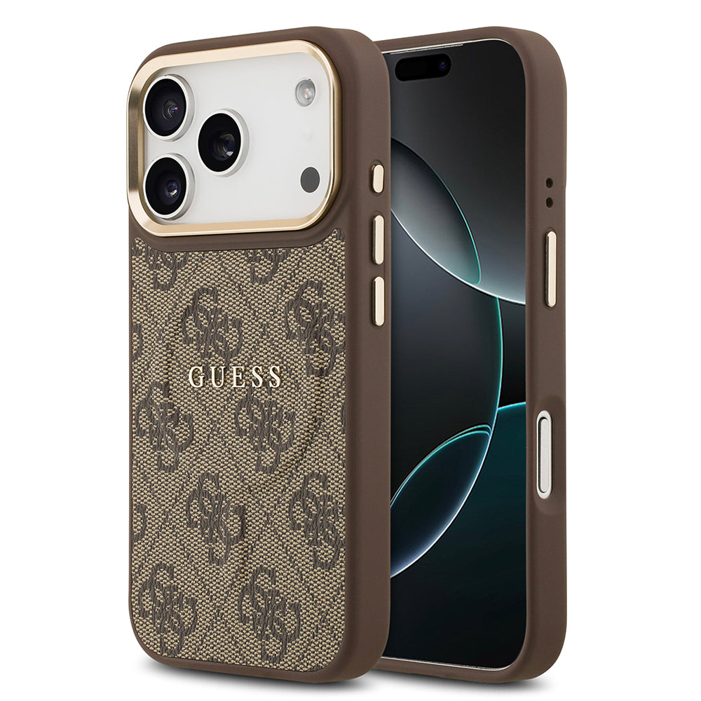 iPhone 17 Pro Kılıf Guess Orjinal Lisanslı M-safe Şarj Özellikli Gold Metal Kamera Çerçeveli PU Deri 4G Desenli Yazı Logolu Kapak