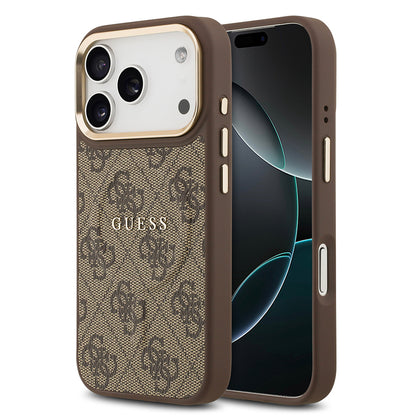 iPhone 17 Pro Kılıf Guess Orjinal Lisanslı M-safe Şarj Özellikli Gold Metal Kamera Çerçeveli PU Deri 4G Desenli Yazı Logolu Kapak