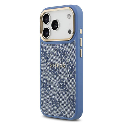 iPhone 17 Pro Kılıf Guess Orjinal Lisanslı M-safe Şarj Özellikli Gold Metal Kamera Çerçeveli PU Deri 4G Desenli Yazı Logolu Kapak