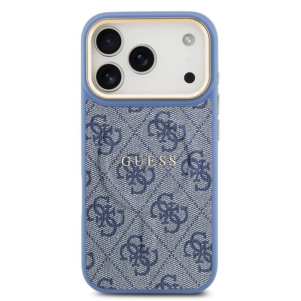iPhone 17 Pro Kılıf Guess Orjinal Lisanslı M-safe Şarj Özellikli Gold Metal Kamera Çerçeveli PU Deri 4G Desenli Yazı Logolu Kapak