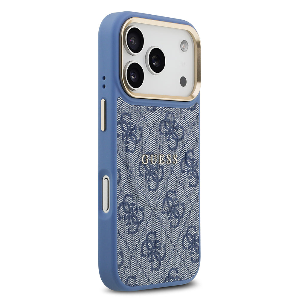 iPhone 17 Pro Kılıf Guess Orjinal Lisanslı M-safe Şarj Özellikli Gold Metal Kamera Çerçeveli PU Deri 4G Desenli Yazı Logolu Kapak