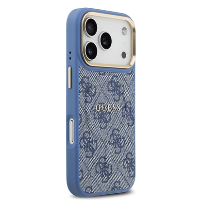 iPhone 17 Pro Kılıf Guess Orjinal Lisanslı M-safe Şarj Özellikli Gold Metal Kamera Çerçeveli PU Deri 4G Desenli Yazı Logolu Kapak