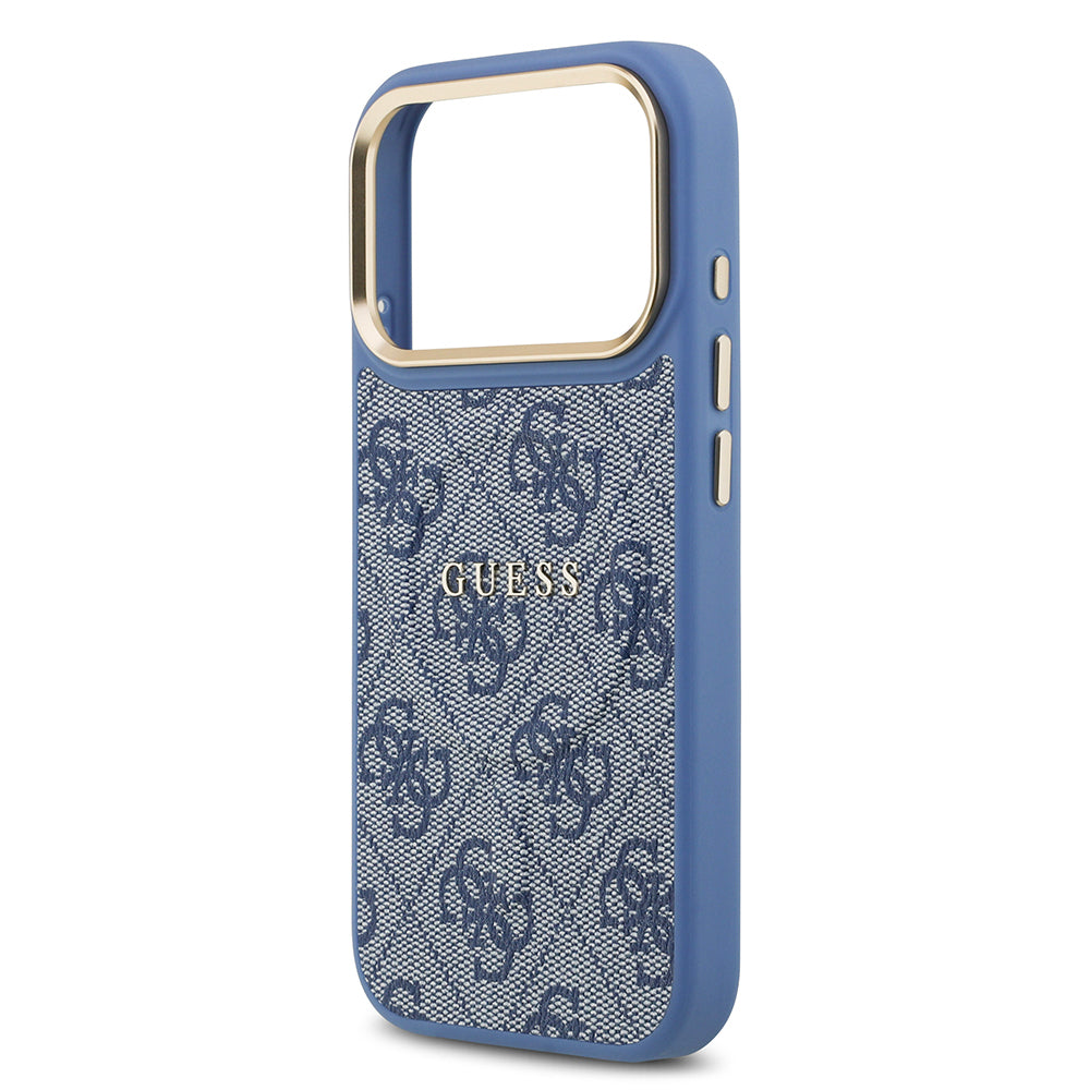 iPhone 17 Pro Kılıf Guess Orjinal Lisanslı M-safe Şarj Özellikli Gold Metal Kamera Çerçeveli PU Deri 4G Desenli Yazı Logolu Kapak