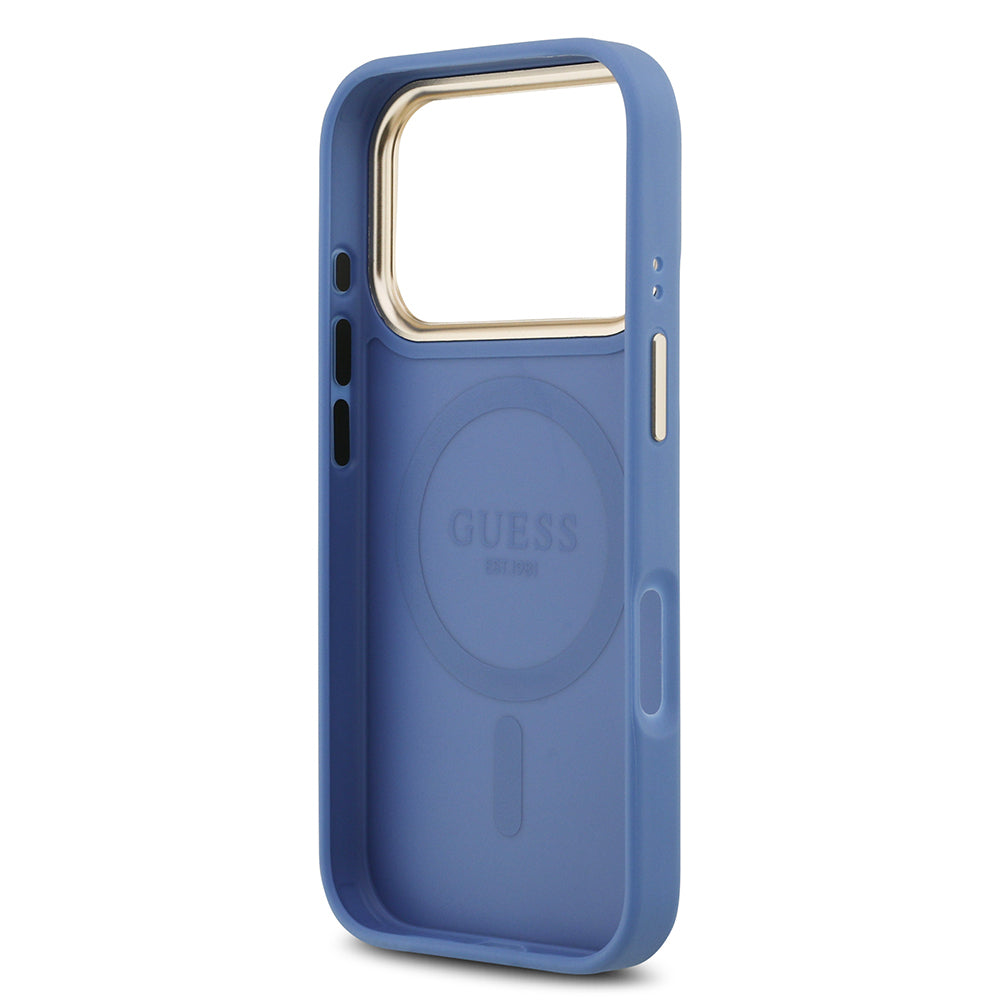 iPhone 17 Pro Kılıf Guess Orjinal Lisanslı M-safe Şarj Özellikli Gold Metal Kamera Çerçeveli PU Deri 4G Desenli Yazı Logolu Kapak