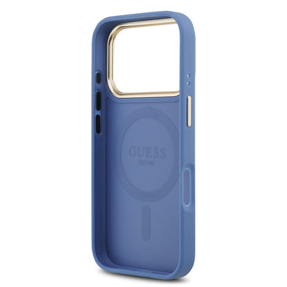 iPhone 17 Pro Kılıf Guess Orjinal Lisanslı M-safe Şarj Özellikli Gold Metal Kamera Çerçeveli PU Deri 4G Desenli Yazı Logolu Kapak