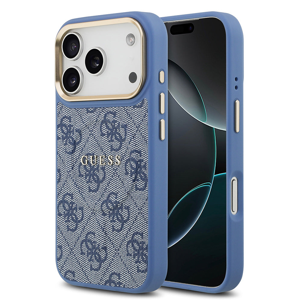 iPhone 17 Pro Kılıf Guess Orjinal Lisanslı M-safe Şarj Özellikli Gold Metal Kamera Çerçeveli PU Deri 4G Desenli Yazı Logolu Kapak