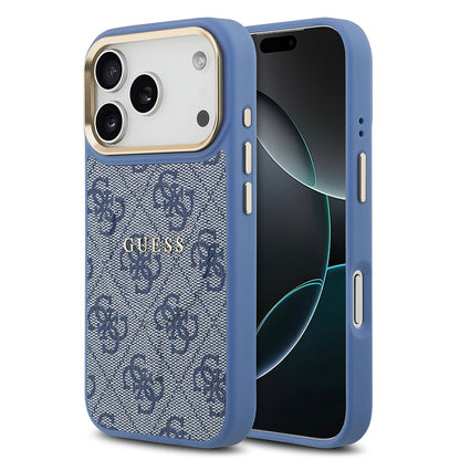 iPhone 17 Pro Kılıf Guess Orjinal Lisanslı M-safe Şarj Özellikli Gold Metal Kamera Çerçeveli PU Deri 4G Desenli Yazı Logolu Kapak