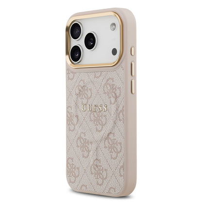 iPhone 17 Pro Kılıf Guess Orjinal Lisanslı M-safe Şarj Özellikli Gold Metal Kamera Çerçeveli PU Deri 4G Desenli Yazı Logolu Kapak