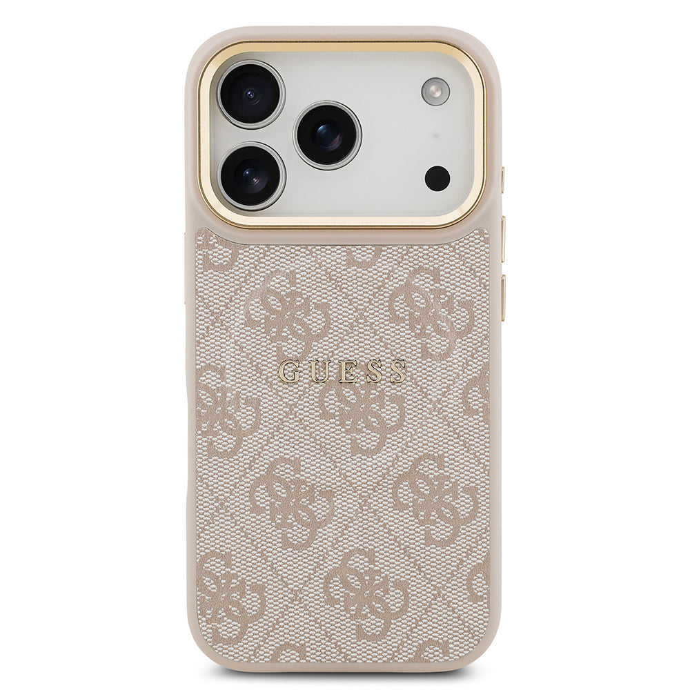 iPhone 17 Pro Kılıf Guess Orjinal Lisanslı M-safe Şarj Özellikli Gold Metal Kamera Çerçeveli PU Deri 4G Desenli Yazı Logolu Kapak