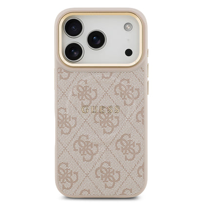 iPhone 17 Pro Kılıf Guess Orjinal Lisanslı M-safe Şarj Özellikli Gold Metal Kamera Çerçeveli PU Deri 4G Desenli Yazı Logolu Kapak