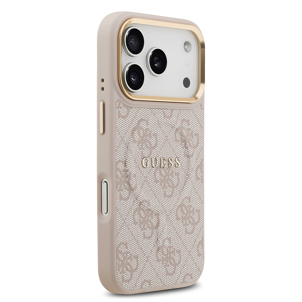 iPhone 17 Pro Kılıf Guess Orjinal Lisanslı M-safe Şarj Özellikli Gold Metal Kamera Çerçeveli PU Deri 4G Desenli Yazı Logolu Kapak