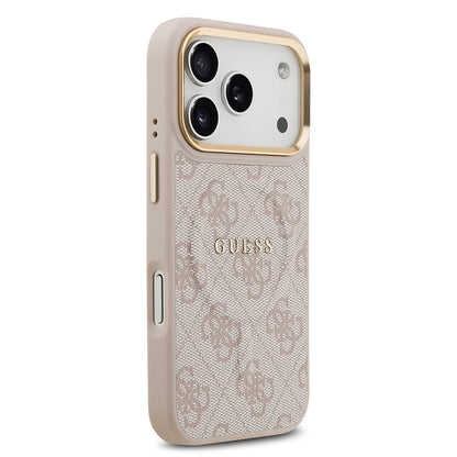 iPhone 17 Pro Kılıf Guess Orjinal Lisanslı M-safe Şarj Özellikli Gold Metal Kamera Çerçeveli PU Deri 4G Desenli Yazı Logolu Kapak