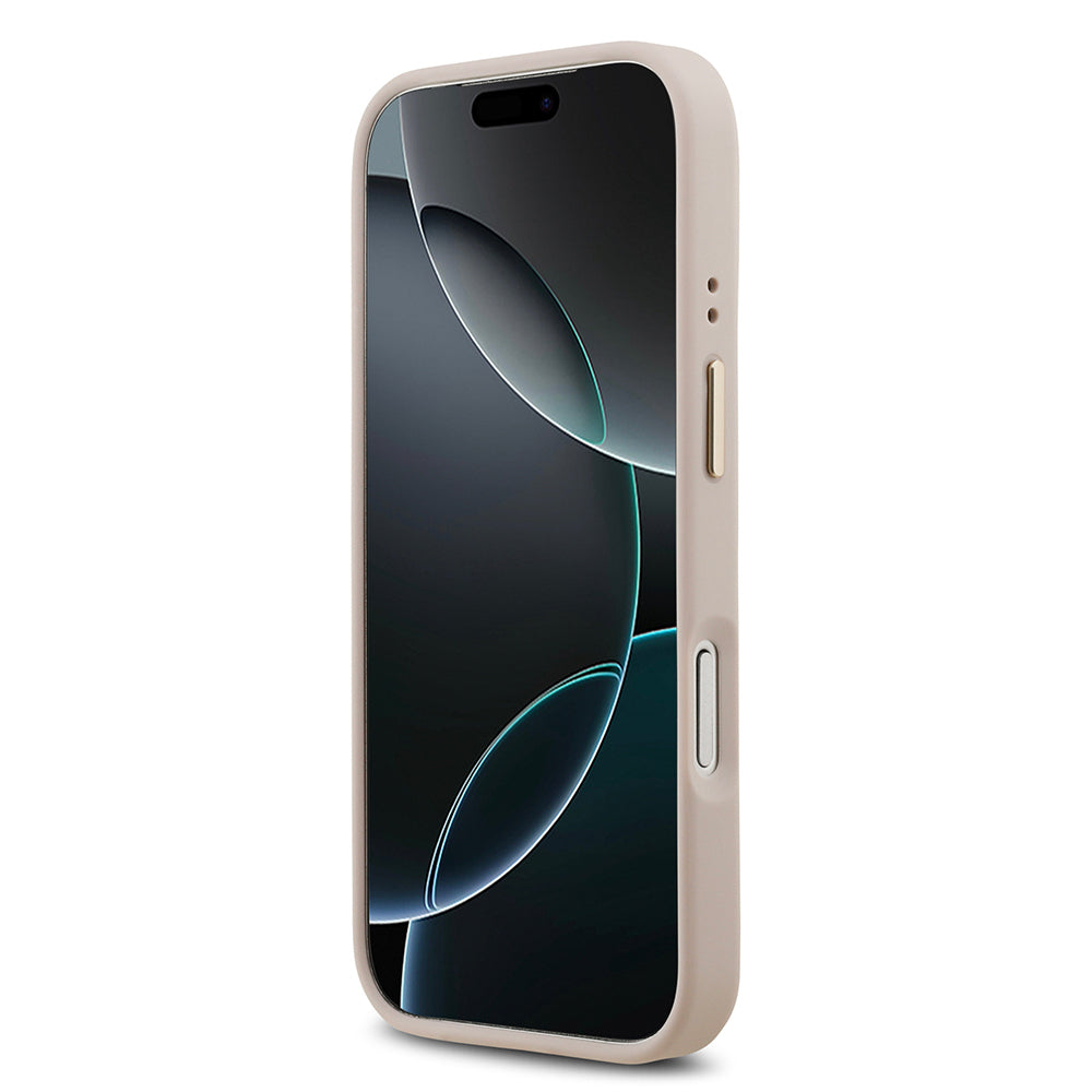 iPhone 17 Pro Kılıf Guess Orjinal Lisanslı M-safe Şarj Özellikli Gold Metal Kamera Çerçeveli PU Deri 4G Desenli Yazı Logolu Kapak
