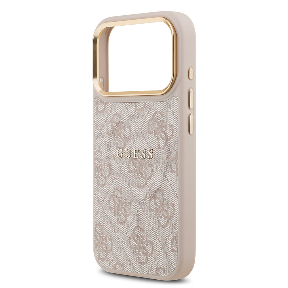 iPhone 17 Pro Kılıf Guess Orjinal Lisanslı M-safe Şarj Özellikli Gold Metal Kamera Çerçeveli PU Deri 4G Desenli Yazı Logolu Kapak