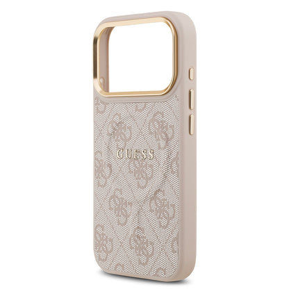 iPhone 17 Pro Kılıf Guess Orjinal Lisanslı M-safe Şarj Özellikli Gold Metal Kamera Çerçeveli PU Deri 4G Desenli Yazı Logolu Kapak