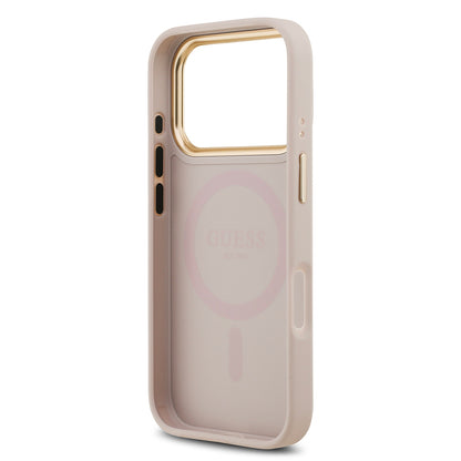 iPhone 17 Pro Kılıf Guess Orjinal Lisanslı M-safe Şarj Özellikli Gold Metal Kamera Çerçeveli PU Deri 4G Desenli Yazı Logolu Kapak