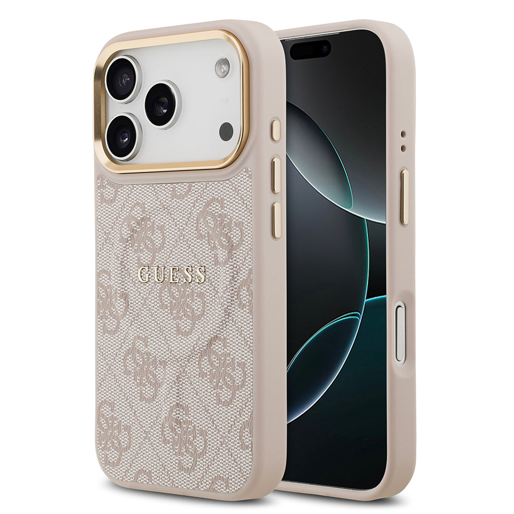 iPhone 17 Pro Kılıf Guess Orjinal Lisanslı M-safe Şarj Özellikli Gold Metal Kamera Çerçeveli PU Deri 4G Desenli Yazı Logolu Kapak