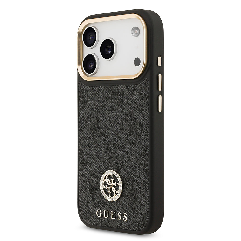 iPhone 17 Pro Kılıf Guess Orjinal Lisanslı M-safe Şarj Özellikli Gold Metal Kamera Çerçeveli Taşlı 4G Logolu Kapak