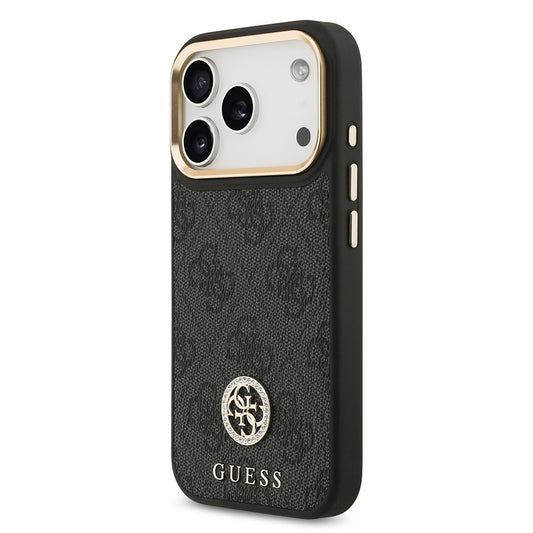 iPhone 17 Pro Kılıf Guess Orjinal Lisanslı M-safe Şarj Özellikli Gold Metal Kamera Çerçeveli Taşlı 4G Logolu Kapak