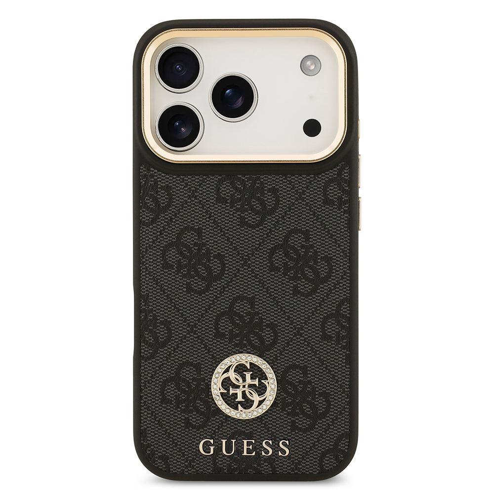 iPhone 17 Pro Kılıf Guess Orjinal Lisanslı M-safe Şarj Özellikli Gold Metal Kamera Çerçeveli Taşlı 4G Logolu Kapak