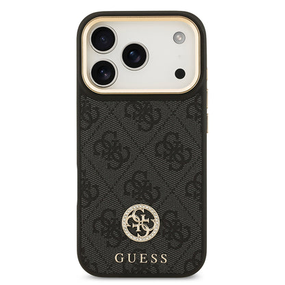 iPhone 17 Pro Kılıf Guess Orjinal Lisanslı M-safe Şarj Özellikli Gold Metal Kamera Çerçeveli Taşlı 4G Logolu Kapak