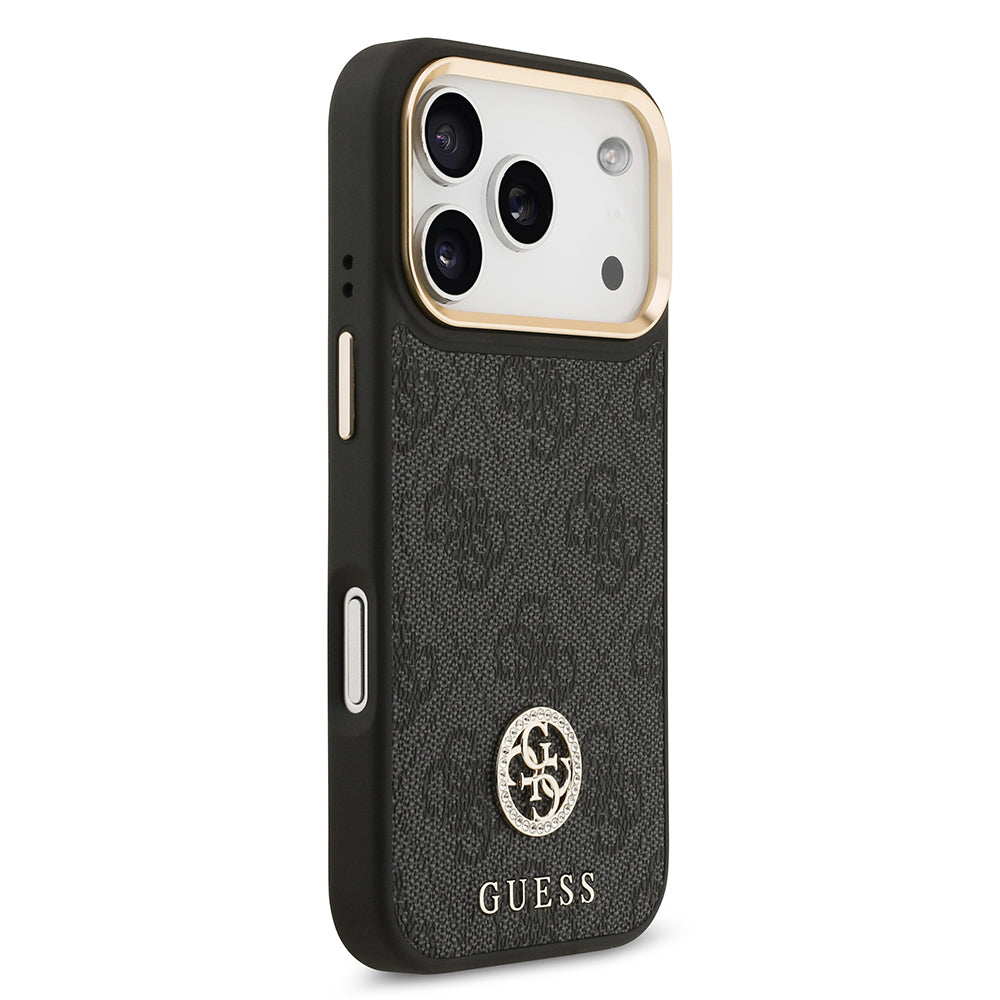 iPhone 17 Pro Kılıf Guess Orjinal Lisanslı M-safe Şarj Özellikli Gold Metal Kamera Çerçeveli Taşlı 4G Logolu Kapak