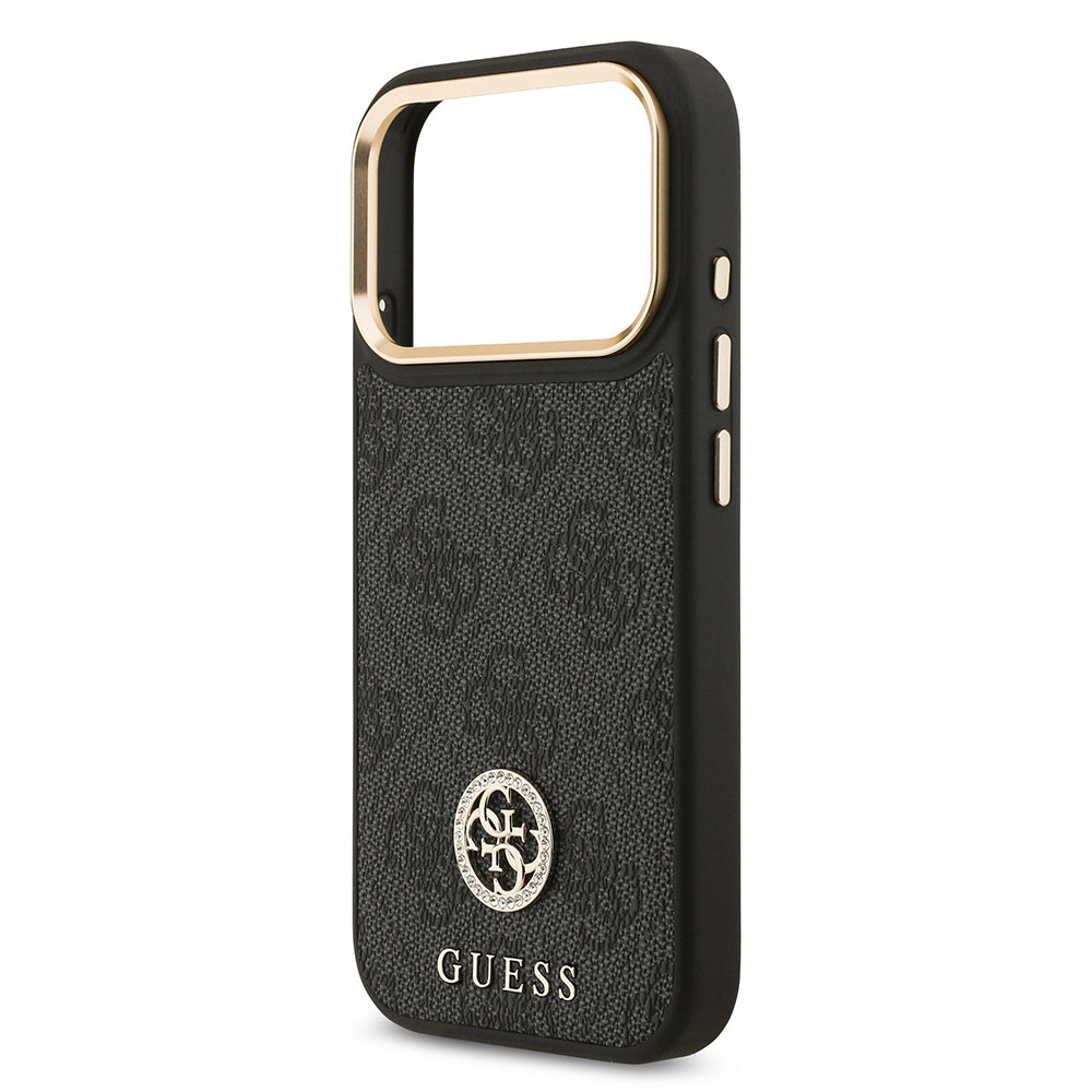 iPhone 17 Pro Kılıf Guess Orjinal Lisanslı M-safe Şarj Özellikli Gold Metal Kamera Çerçeveli Taşlı 4G Logolu Kapak