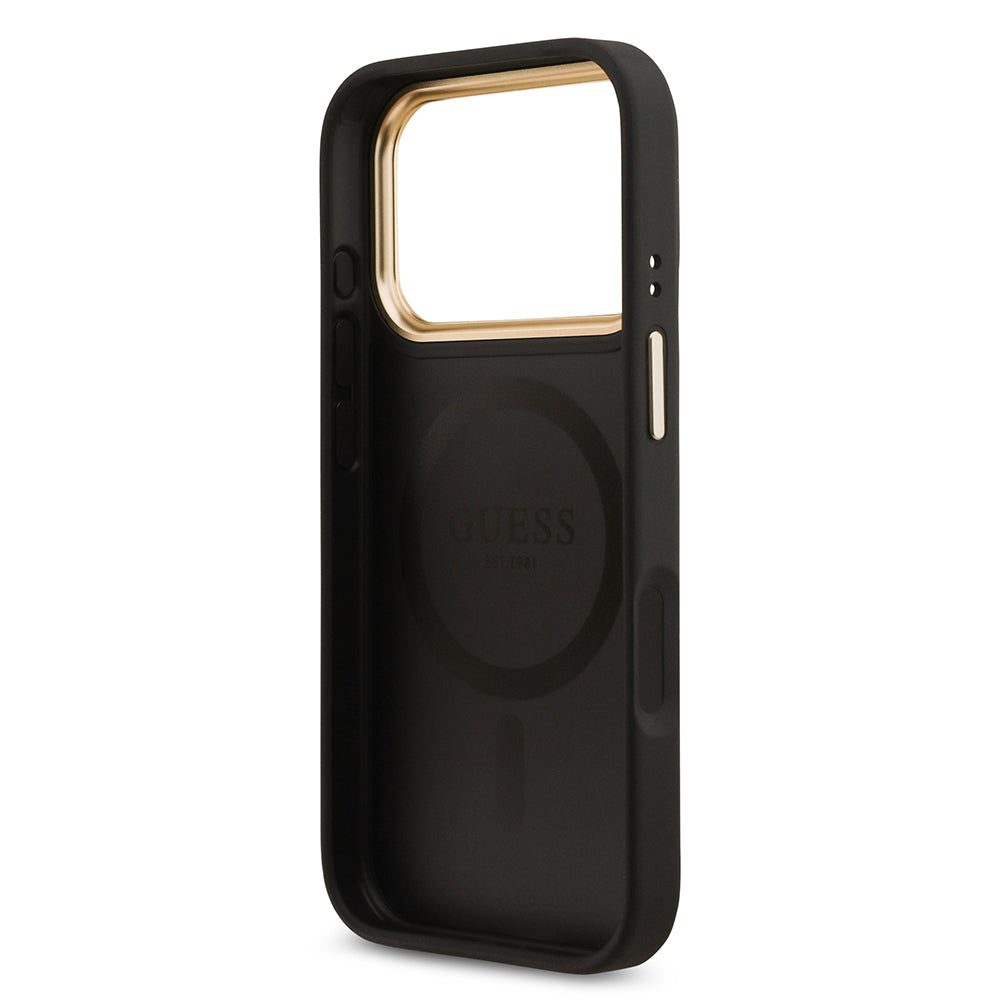 iPhone 17 Pro Kılıf Guess Orjinal Lisanslı M-safe Şarj Özellikli Gold Metal Kamera Çerçeveli Taşlı 4G Logolu Kapak