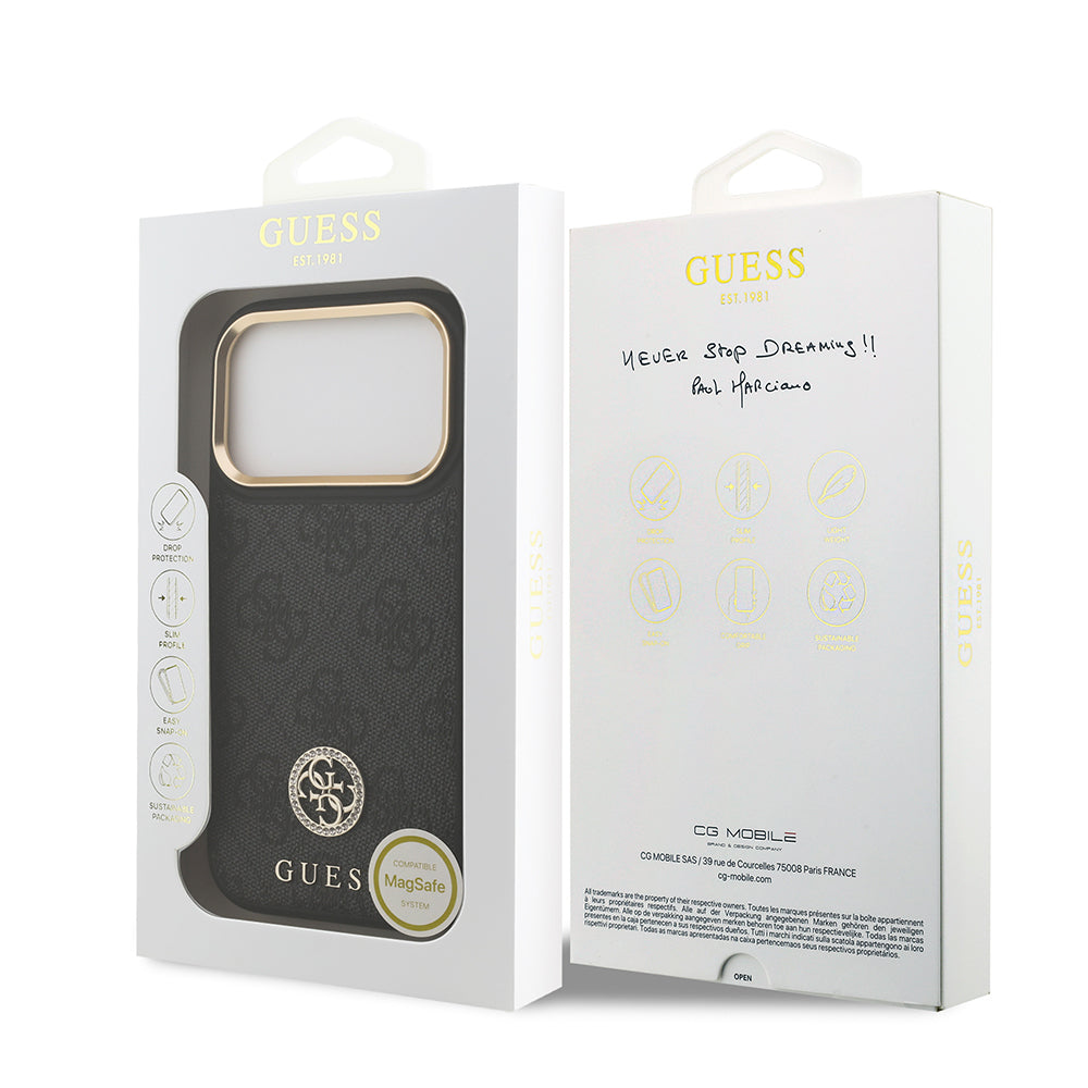 iPhone 17 Pro Kılıf Guess Orjinal Lisanslı M-safe Şarj Özellikli Gold Metal Kamera Çerçeveli Taşlı 4G Logolu Kapak