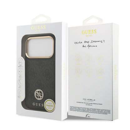 iPhone 17 Pro Kılıf Guess Orjinal Lisanslı M-safe Şarj Özellikli Gold Metal Kamera Çerçeveli Taşlı 4G Logolu Kapak