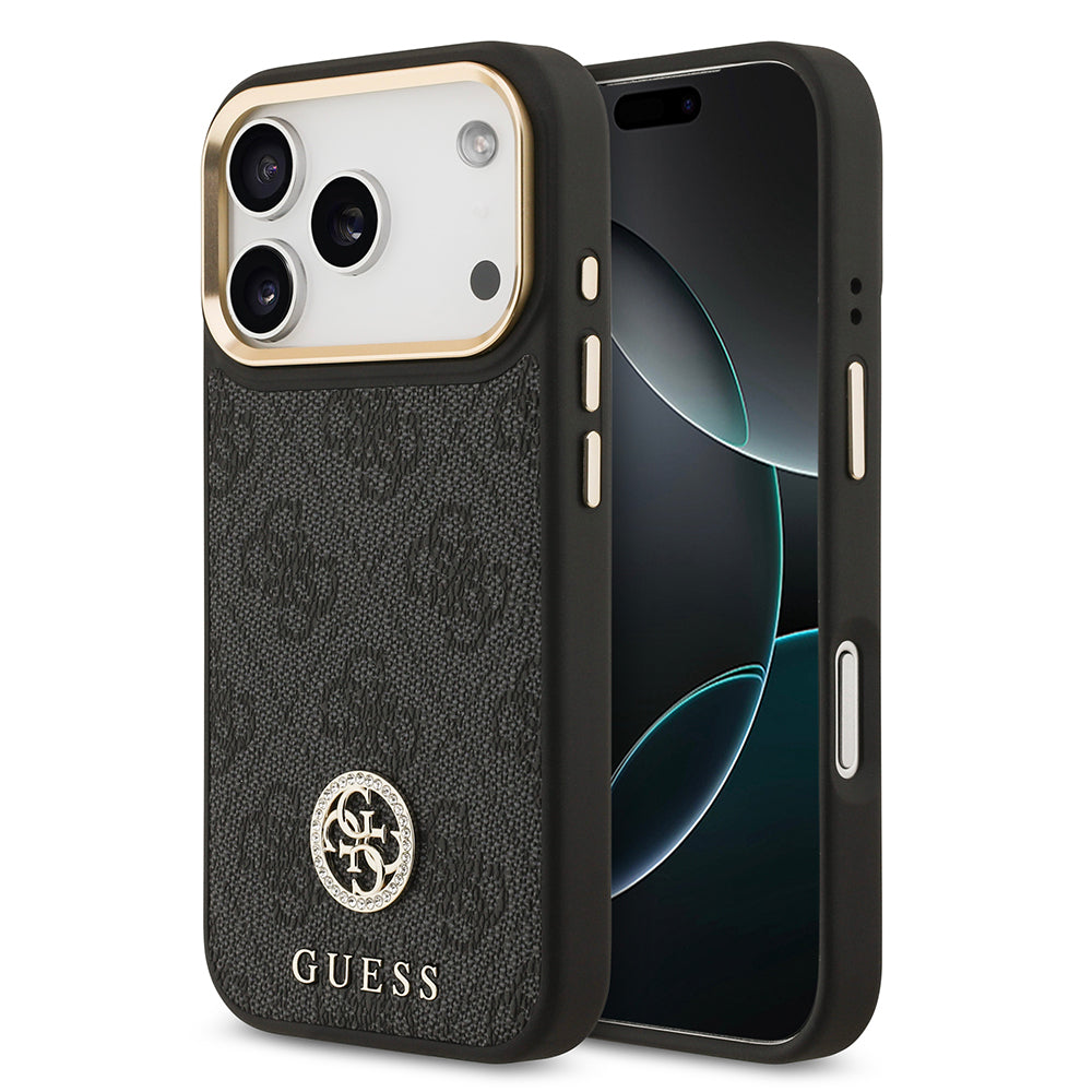 iPhone 17 Pro Kılıf Guess Orjinal Lisanslı M-safe Şarj Özellikli Gold Metal Kamera Çerçeveli Taşlı 4G Logolu Kapak
