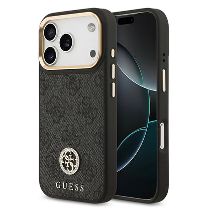 iPhone 17 Pro Kılıf Guess Orjinal Lisanslı M-safe Şarj Özellikli Gold Metal Kamera Çerçeveli Taşlı 4G Logolu Kapak