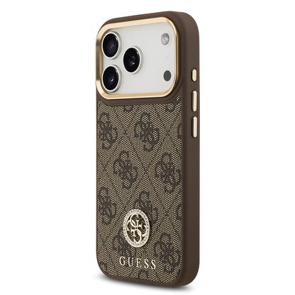iPhone 17 Pro Kılıf Guess Orjinal Lisanslı M-safe Şarj Özellikli Gold Metal Kamera Çerçeveli Taşlı 4G Logolu Kapak