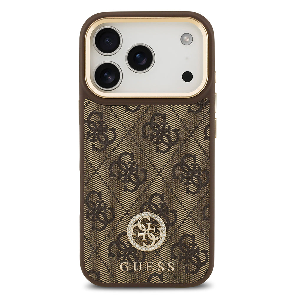iPhone 17 Pro Kılıf Guess Orjinal Lisanslı M-safe Şarj Özellikli Gold Metal Kamera Çerçeveli Taşlı 4G Logolu Kapak