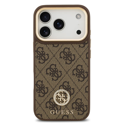 iPhone 17 Pro Kılıf Guess Orjinal Lisanslı M-safe Şarj Özellikli Gold Metal Kamera Çerçeveli Taşlı 4G Logolu Kapak