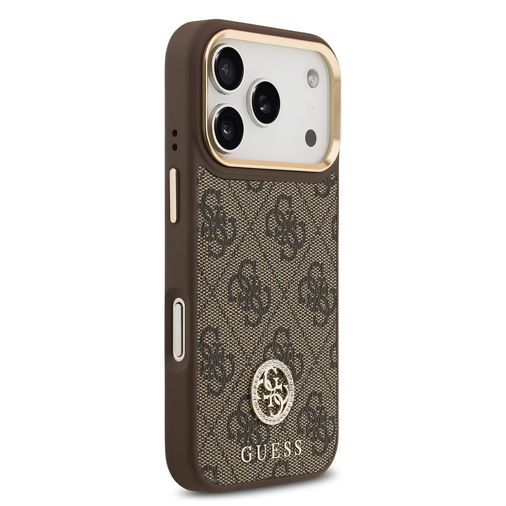 iPhone 17 Pro Kılıf Guess Orjinal Lisanslı M-safe Şarj Özellikli Gold Metal Kamera Çerçeveli Taşlı 4G Logolu Kapak