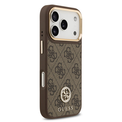 iPhone 17 Pro Kılıf Guess Orjinal Lisanslı M-safe Şarj Özellikli Gold Metal Kamera Çerçeveli Taşlı 4G Logolu Kapak