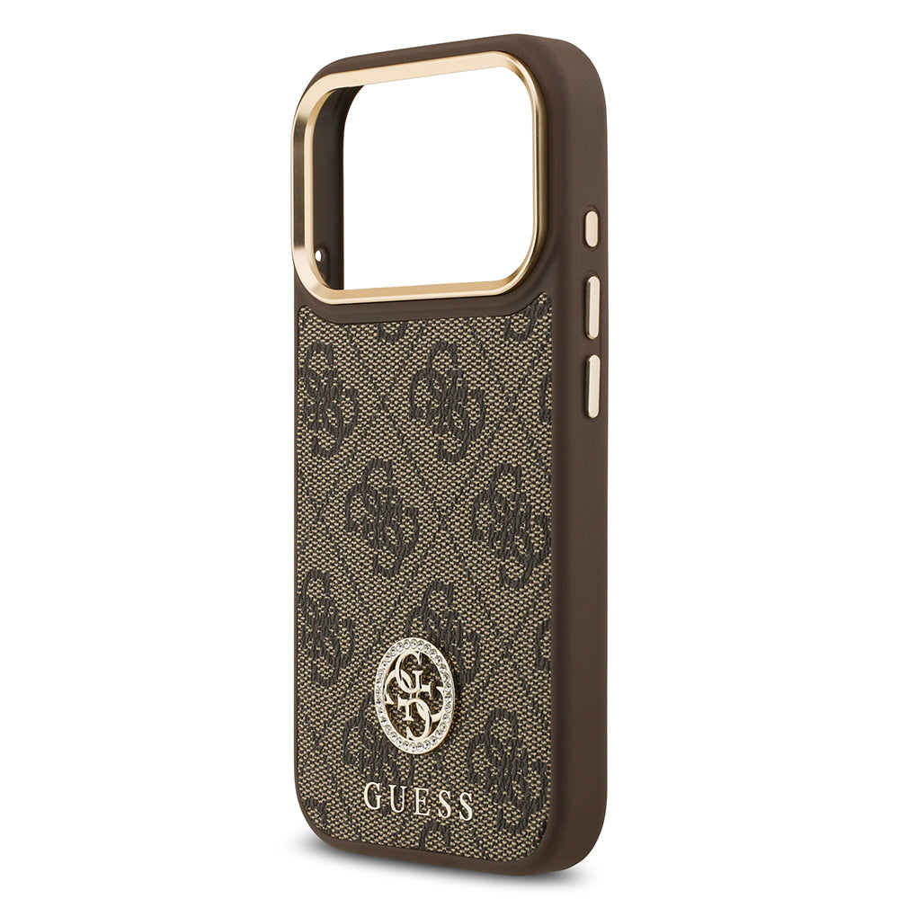 iPhone 17 Pro Kılıf Guess Orjinal Lisanslı M-safe Şarj Özellikli Gold Metal Kamera Çerçeveli Taşlı 4G Logolu Kapak