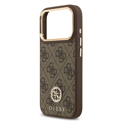 iPhone 17 Pro Kılıf Guess Orjinal Lisanslı M-safe Şarj Özellikli Gold Metal Kamera Çerçeveli Taşlı 4G Logolu Kapak