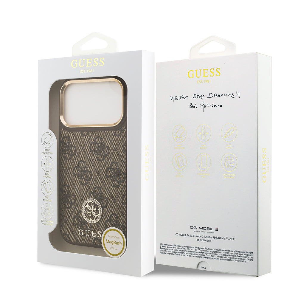 iPhone 17 Pro Kılıf Guess Orjinal Lisanslı M-safe Şarj Özellikli Gold Metal Kamera Çerçeveli Taşlı 4G Logolu Kapak