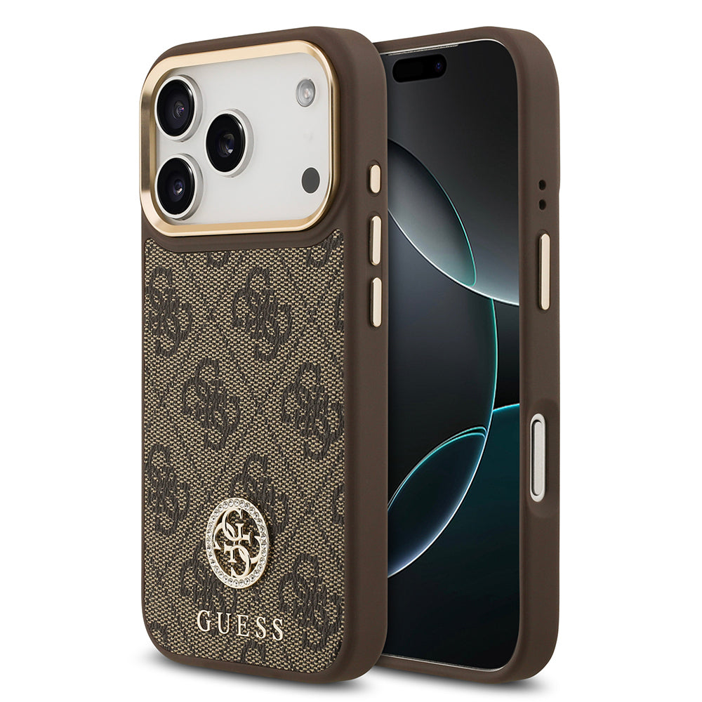 iPhone 17 Pro Kılıf Guess Orjinal Lisanslı M-safe Şarj Özellikli Gold Metal Kamera Çerçeveli Taşlı 4G Logolu Kapak