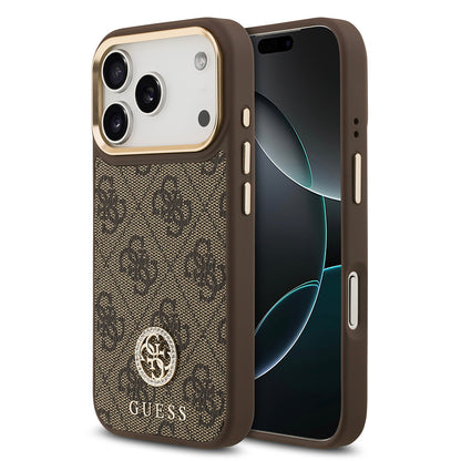 iPhone 17 Pro Kılıf Guess Orjinal Lisanslı M-safe Şarj Özellikli Gold Metal Kamera Çerçeveli Taşlı 4G Logolu Kapak
