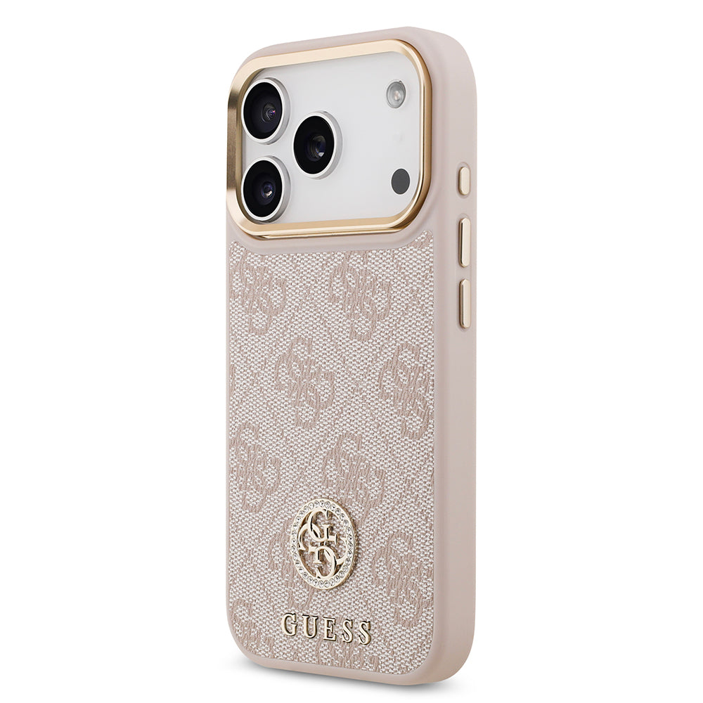 iPhone 17 Pro Kılıf Guess Orjinal Lisanslı M-safe Şarj Özellikli Gold Metal Kamera Çerçeveli Taşlı 4G Logolu Kapak