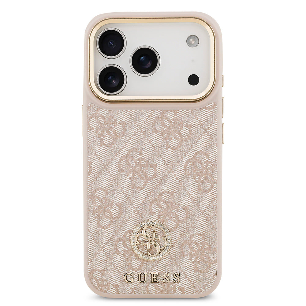 iPhone 17 Pro Kılıf Guess Orjinal Lisanslı M-safe Şarj Özellikli Gold Metal Kamera Çerçeveli Taşlı 4G Logolu Kapak