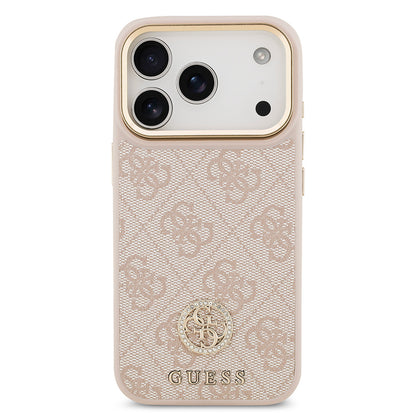 iPhone 17 Pro Kılıf Guess Orjinal Lisanslı M-safe Şarj Özellikli Gold Metal Kamera Çerçeveli Taşlı 4G Logolu Kapak